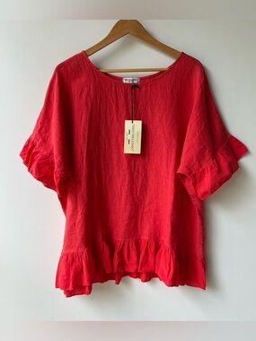 Terzo Millennio Italy Linen Ruffle Top Shirt Poppy Red Women’s Size Large NWT